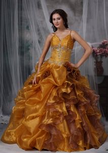 Brown Beaded Full-length Quinces Dresses with Straps and Ruffles in Boise